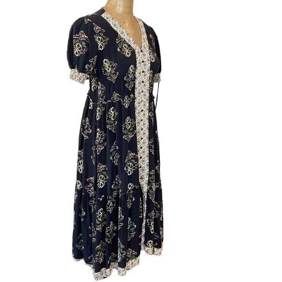 LAPIS BOHO Prairie Tiered Midi Dress Short Sleeve Empire Waist Sz M #267G - Picture 4 of 10